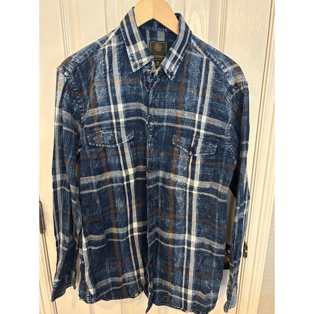 F/X Fusion Button Down Shirt Blue Acid Wash Plaid Long Sleeve Cotton‎ Mens M